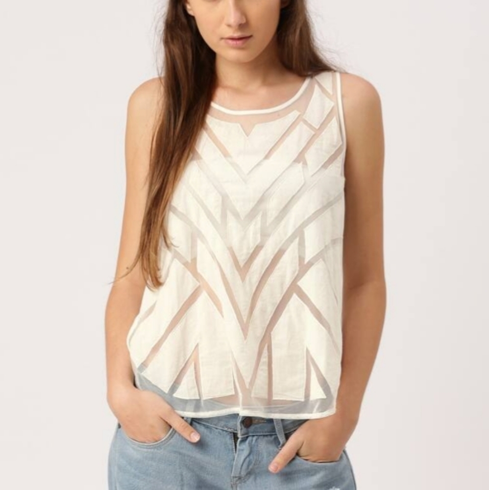 Free People White and Tan Sheer Geometric Tank Top